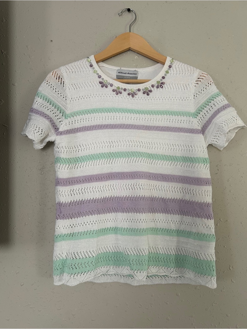 Alfred Dunner White Knit Short-Sleeve Top with Mint Green & Lavender Stripes